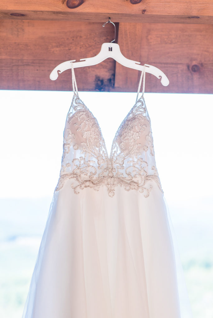 Beautiful chiffon dress with lace detailing for this bride's mountain-top elopement; David's Bridal; wedding dress; Asheville, NC elopement