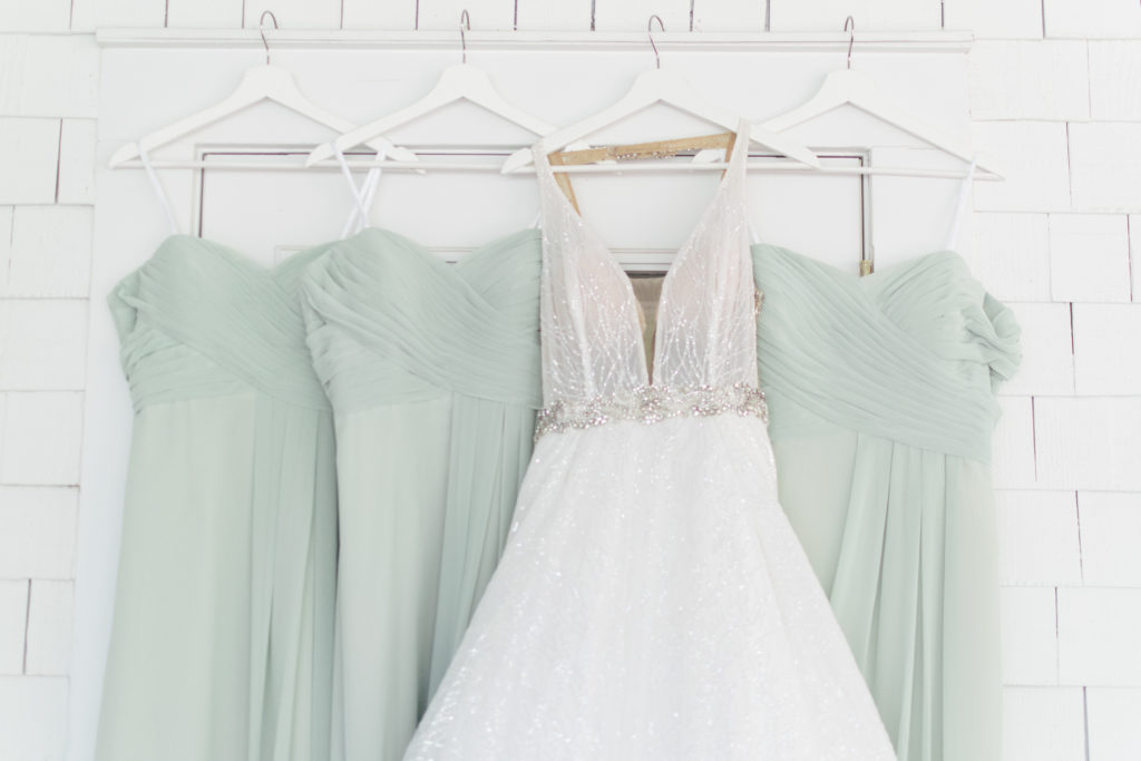 Lazaro Bridal wedding dress, mint green bridesmaid dresses