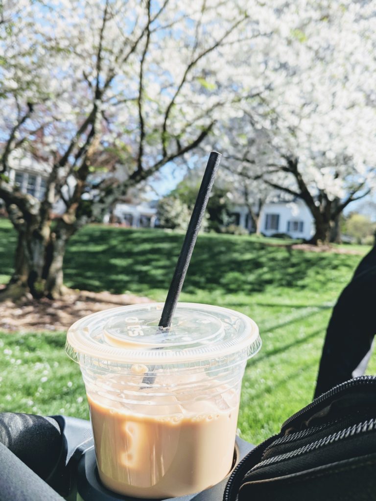 Iced Coffee from Not Just Coffee in Charlotte North Carolina wile on a spring walk
