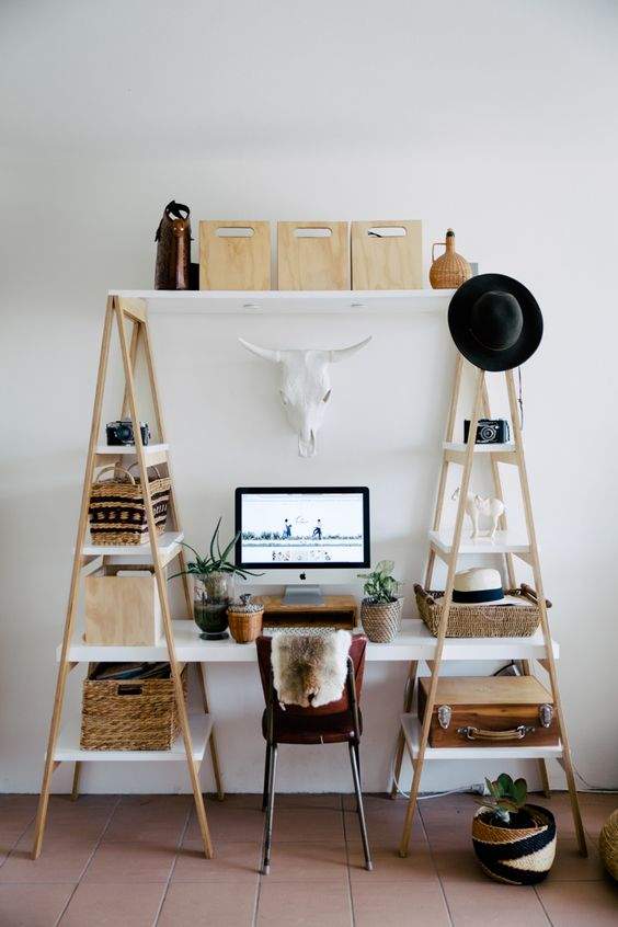 Home design with white and light wood ladder desk for a home office