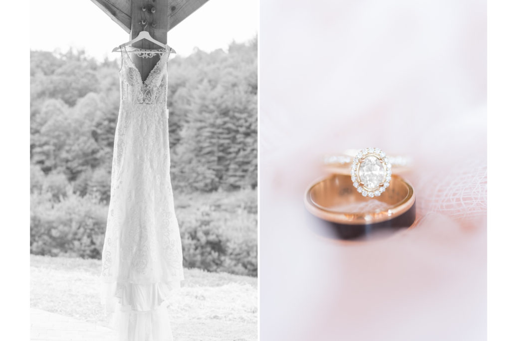 Wedding gown and bride and groom rings; bridal details; ring shot
