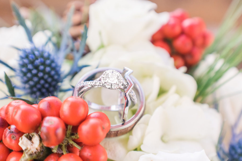 Bridal bouquet and bride and groom's rings; bridal details