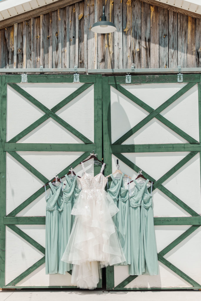 Wedding Day details; bridal gown; bridesmaids dresses; dresses at a Circle M Farm Wedding